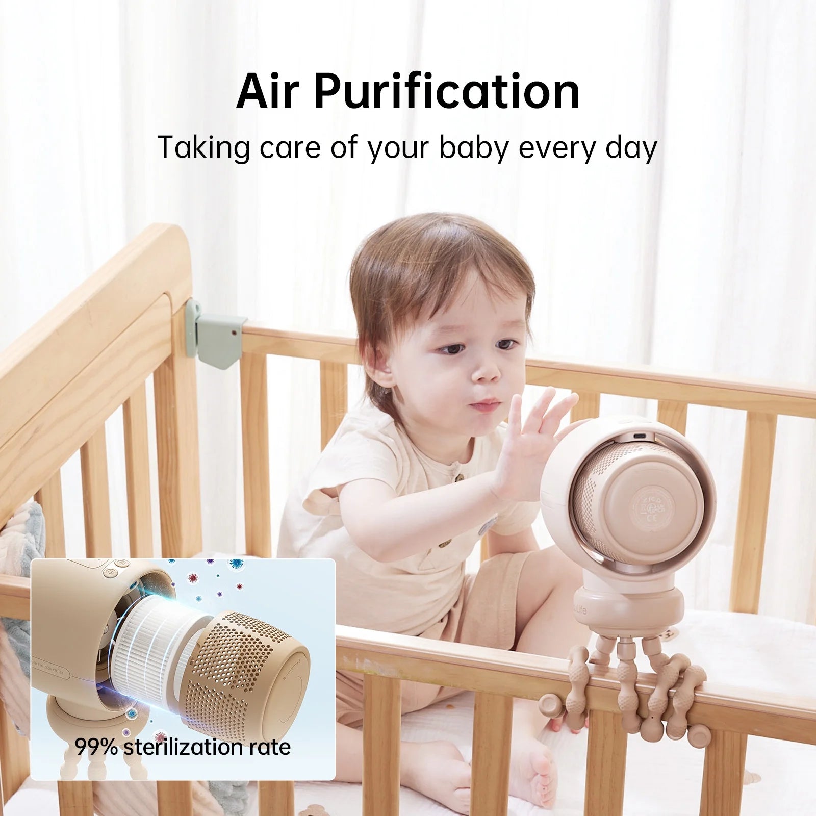 Baby Stroller Fan Portable, Small Battery Operated Fan, Car Seat Fan with 5 Speeds, Air Purify and Air Enhance Tech, Bladeless, Food-Grade Gifts Fan for Outdoor, Treadmill, Golf