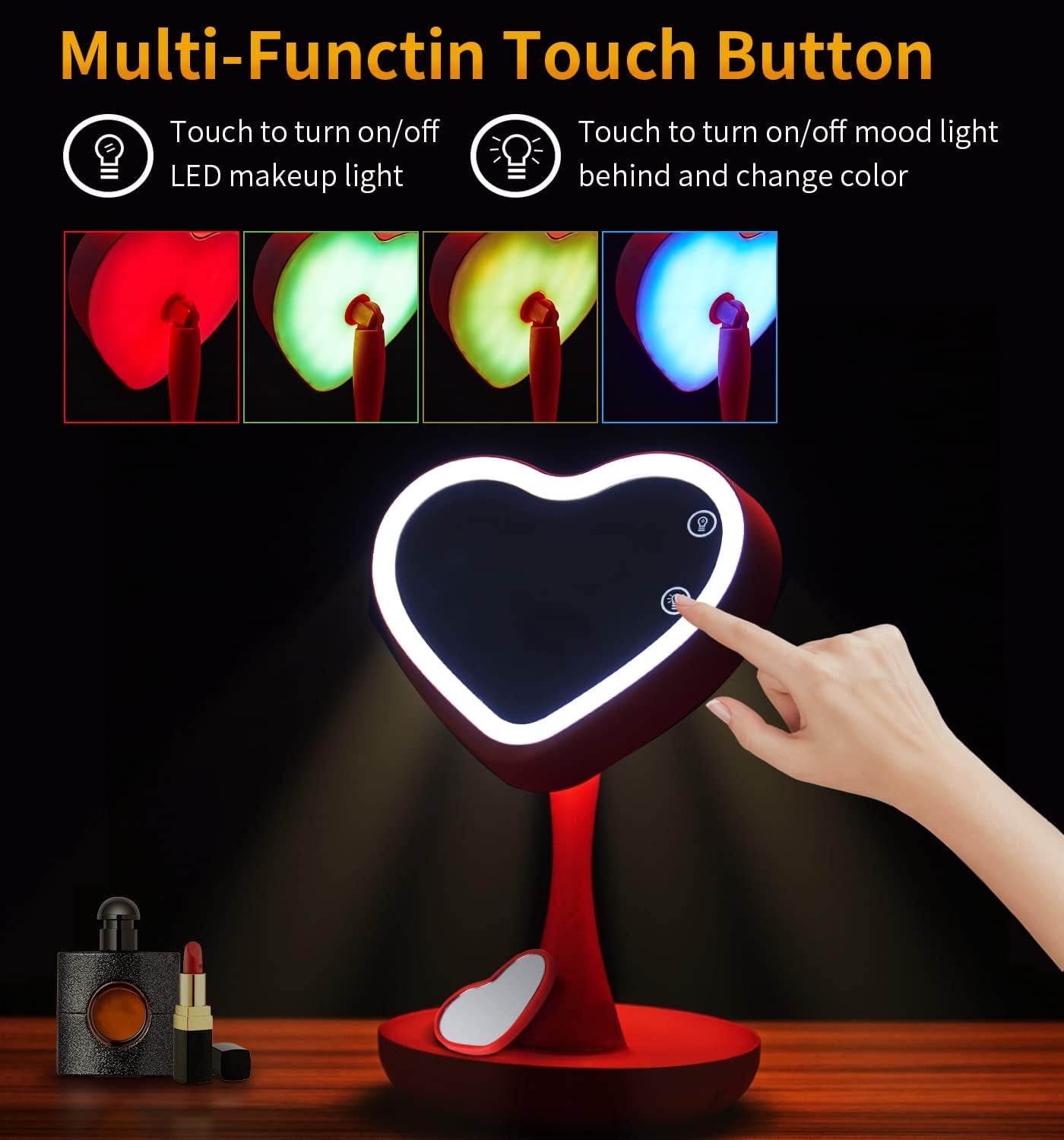 Makeup Mirror with Lights,2000 Mah LED Rechargeable Makeup Mirror,Back Ambient Light, Nice Gift for Daughter Girlfriend Wife Sister,Red